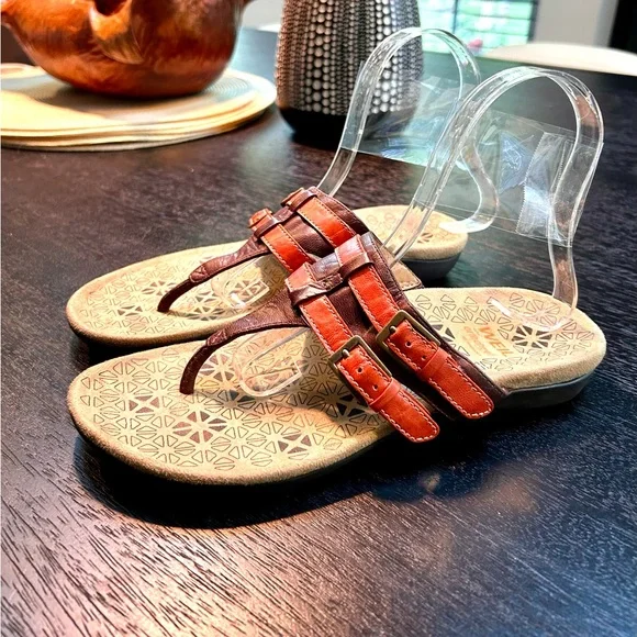 Dr. Andrew Weil Size 7 Leather Orthaheel Comfy Sandals Flip Flop Brown Orange - Picture 1 of 9